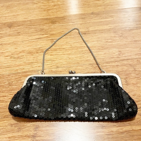 Ann Taylor LOFT black sequin evening bag w/ silver chain. Converts to clutch! - Picture 9 of 9